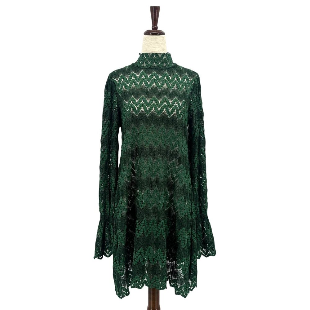 Free People Womens XS Dress Simone Mock Neck Lace Mini Dress Green Long Sleeve